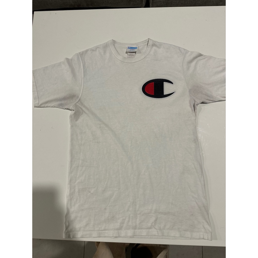 Champion Vintage T-Shirt Big Logo Graphic Tee Crew Neck Short Sleeve White Large